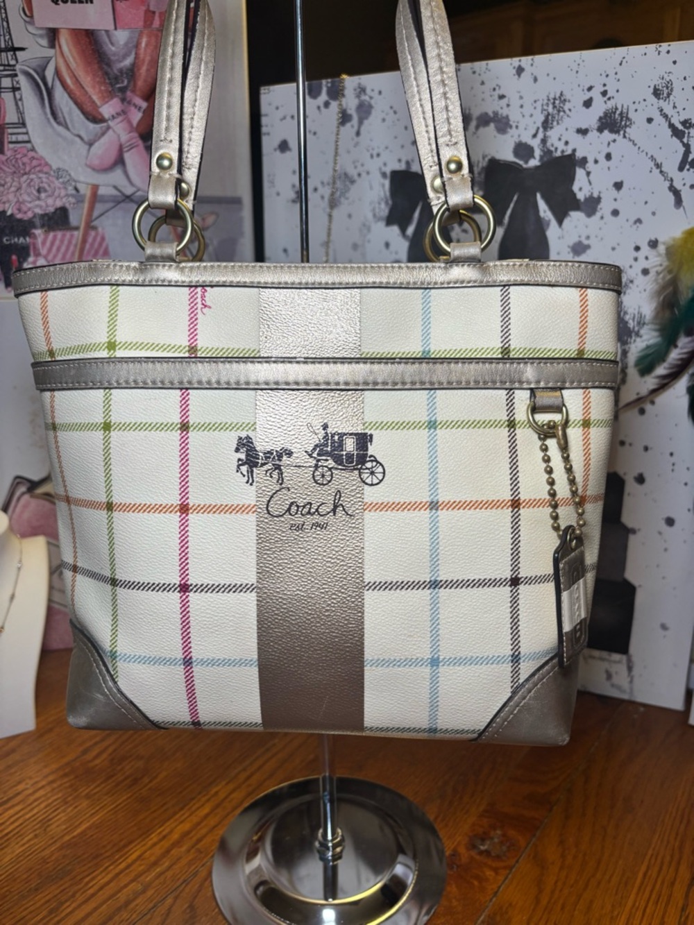 Coach Multicolor Plaid Tote Bag Metallic Champagne Leather Trim Hangtag COA